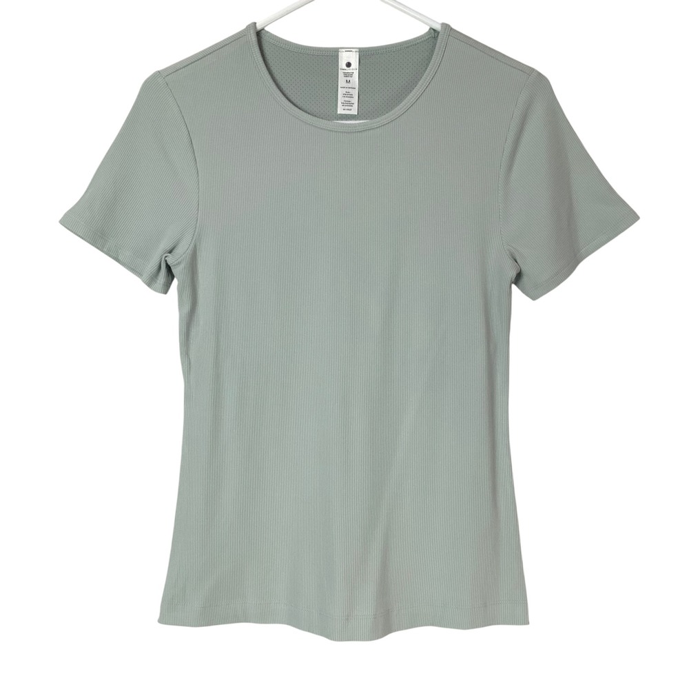 Yogalicious Heavenly Rib Tara Short Sleeve Top Sage Green Crew Neck Ribbed M